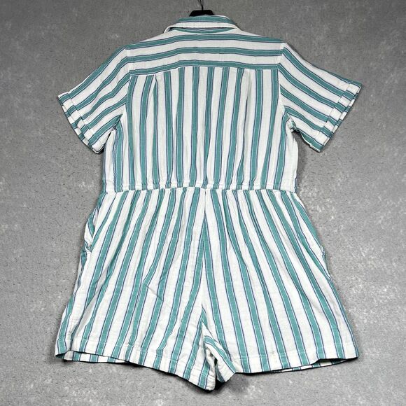 Old Navy Womens PM  Romper Blue Stripe Gauze Cinch Pockets 100% Cotton Button - Picture 9 of 14